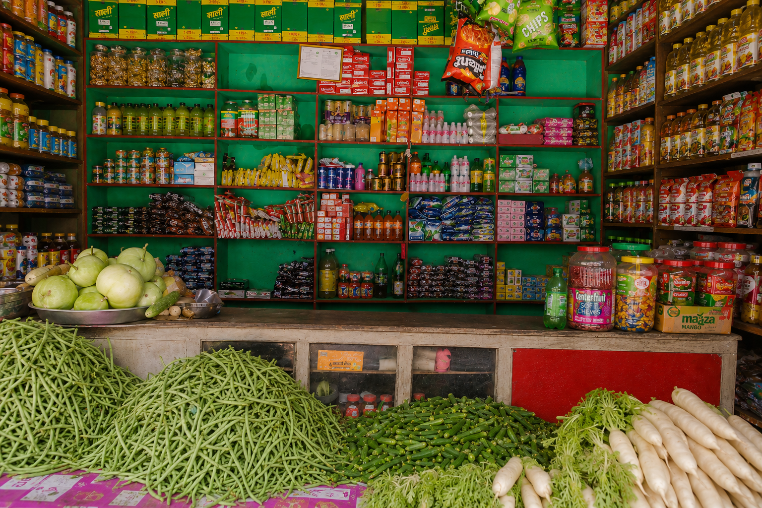 Safal and Sachin Stores kirana shop at Darbang 06 Malika, Myagdi — packed shelves of rice, oil, dal and fresh vegetables